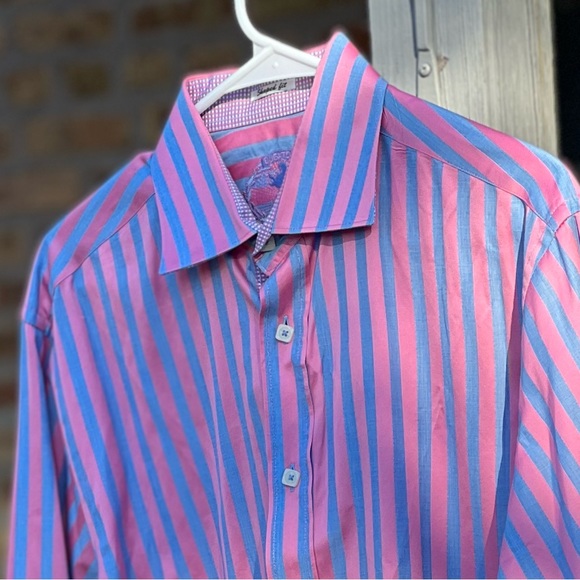 Bugatchi Shaped Fit Button-Down Shirt Large Pink Blue Striped - Picture 1 of 4